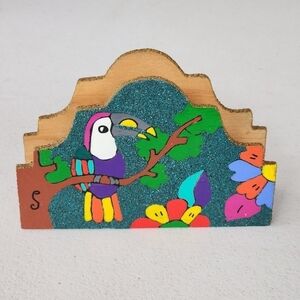 Wood napkin holder handpainted sand art artisan mexico floral bird